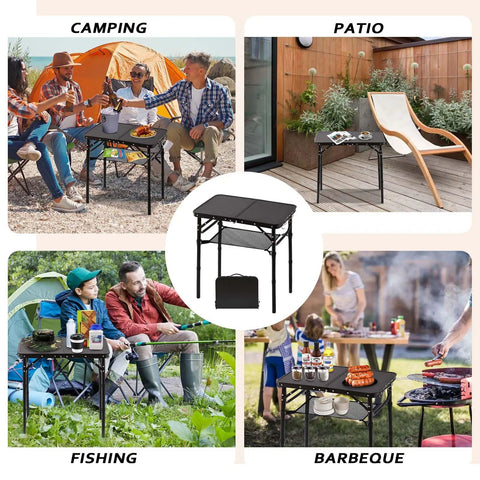 Foldable Picnic Table With Storage Net In Matte Black Aluminum Portable And Light For Camping Travel Or Indoor Use 23.6 By 15.8 Inches Three Height Settings Up To 27.5 Inches Fast Pack And Roll in various settings