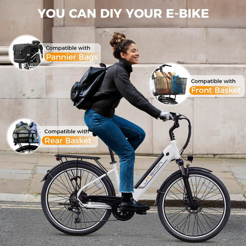 Woman riding High Power 1200W Electric Bike For Adults With 26 Inch Wheel 528Wh Removable Battery 28 MPH Top Speed 62 Mile Range Step Through Commuter Ebike For Men And Women UL2849 Certified, showing compatibility with pannier bags, rear basket, and front basket.
