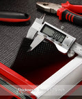 Dope Non Slip Foam Toolbox Drawer Liner With Textured Grip 24 Inch Wide By 24 Foot Long Cut To Fit Easy Heavy Duty Tool Mat For Tools Grid Measuring Lines Adjustable Thick Cabinet Liners shown with caliper measuring thickness