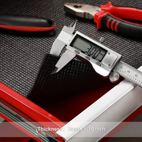 Dope Non Slip Foam Toolbox Drawer Liner With Textured Grip 24 Inch Wide By 24 Foot Long Cut To Fit Easy Heavy Duty Tool Mat For Tools Grid Measuring Lines Adjustable Thick Cabinet Liners shown with caliper measuring thickness