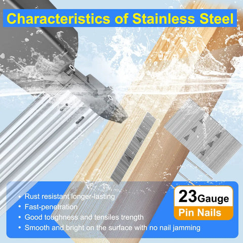 Premium 23 Gauge Headless Pin Nails With Rust Resistant Stainless Steel Construction in action with a nail gun and wood.