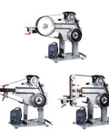 Shop Ready Variable Speed Belt Sander Grinder With Three Polishing Discs For Professional Knife Sharpening Wood Finishing And Metal Polish Featuring Dual Vertical Horizontal Setups For Daily Grind. Image shows machine from multiple angles.