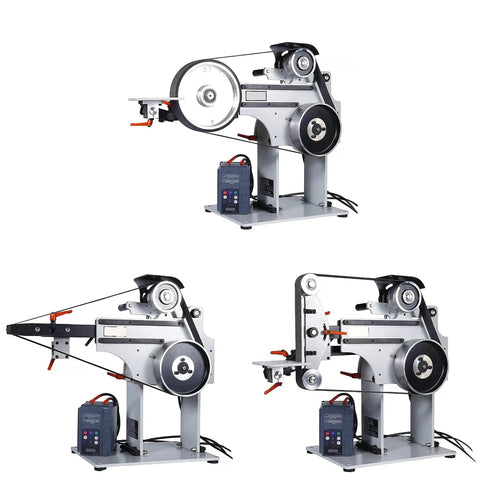Shop Ready Variable Speed Belt Sander Grinder With Three Polishing Discs For Professional Knife Sharpening Wood Finishing And Metal Polish Featuring Dual Vertical Horizontal Setups For Daily Grind. Image shows machine from multiple angles.