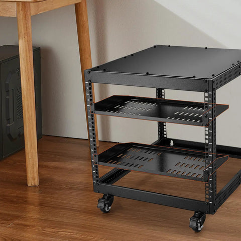 Two Pack 1U Server Rack Shelves with vented cantilever tray for 19 inch racks 10 inch deep heavy duty wall mount supports