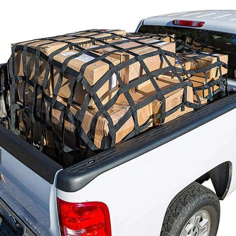 Rock Solid Heavy Duty Cargo Lifting Net with Tear Proof Polyester Webbing and Non Slip Hauling Straps securing boxes in pickup truck.