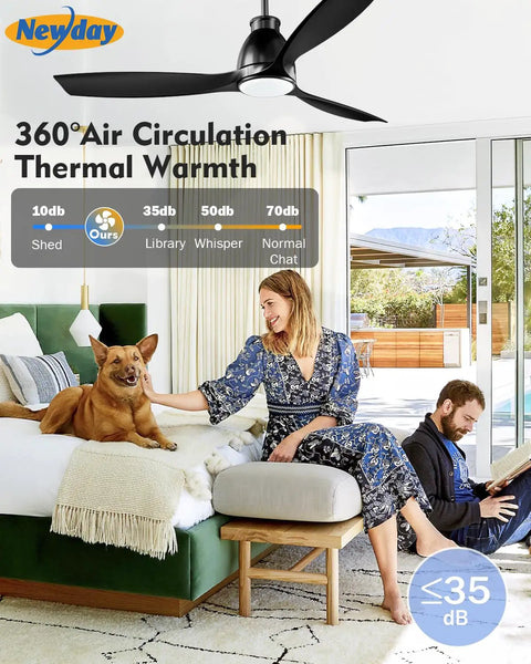 52 Inch Ceiling Fan With Lights And Remote, Black Finish, 3 Blades, in a modern living room with people relaxing below