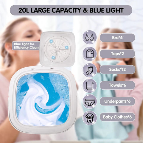 Collapsible Portable Washer With Fast Spin Cycle And 20L Capacity built for dorms and apartments, showing blue light efficiency and swirl water.