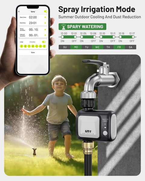 Smart WiFi Sprinkler Timer With Rain Delay, Auto And Manual Modes, Outdoor Hose Irrigation Controller in use with child playing