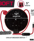 Back view of 30 Foot Retractable Extension Cord Reel With Breaker Switch And Three Outlets showing dimensions and features.