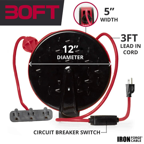 Back view of 30 Foot Retractable Extension Cord Reel With Breaker Switch And Three Outlets showing dimensions and features.