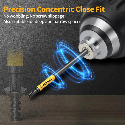 Heavy-Duty 14-Piece Long Torx Bit Set With 6-Inch Reach, T7 Through T40, Tamper-Proof Star Bits close-up in use with drill