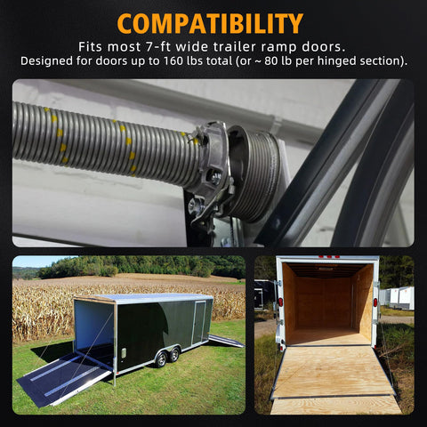 Ramp Door Spring Kit 80 lb For 7 Ft Wide Cargo Trailers with winding bars and torsion spring close-up, trailer view