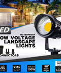 24 Pack Low Voltage LED Landscape Lights With Connectors For Outdoor Pathways And Gardens, 12W Warm White Spotlight, IP65 Waterproof, AC/DC 12V-24V, Ideal For Trees, Flags, Fences And Backyard Decoration package with connector details