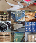 Pro Grade Heavy Duty Pallet Banding Strapping Kit With Manual Woven Cord Tensioner on various pallets and boxes secured.