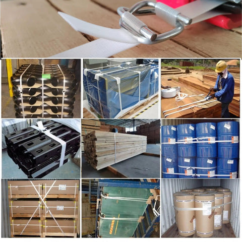 Pro Grade Heavy Duty Pallet Banding Strapping Kit With Manual Woven Cord Tensioner on various pallets and boxes secured.