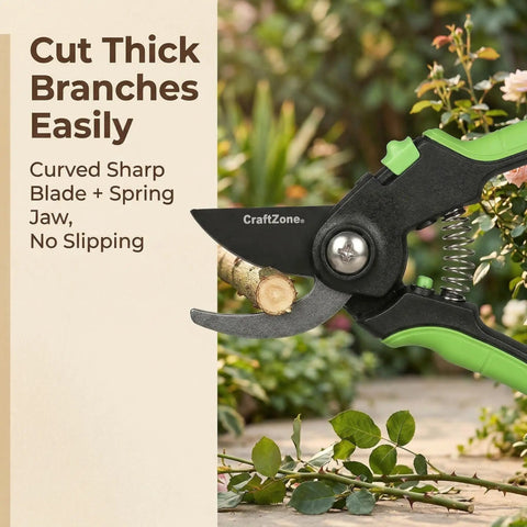 Close-up of bypass garden shear cutting branch, showing curved sharp blade and spring jaw against garden backdrop.