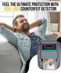 On The Go Portable Four Way Orientation Counterfeit Money Detector With Magnetic And Infrared Scanners Easy Pass Fail Indicator shown with user