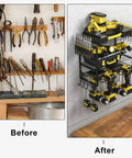 Before and after image showing Power Tool Organizer Rack 3 Layer Heavy Alloy Steel Wall Mount Storage For Drill Bits And Hand Tools