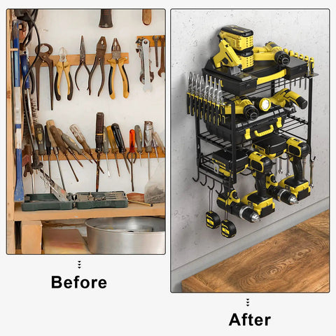 Before and after image showing Power Tool Organizer Rack 3 Layer Heavy Alloy Steel Wall Mount Storage For Drill Bits And Hand Tools