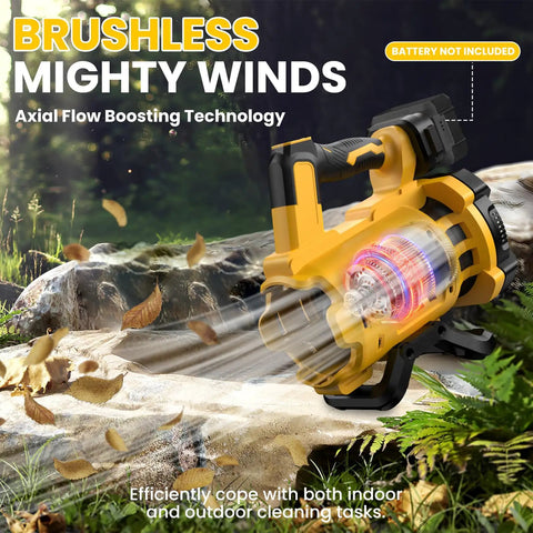 Cordless Leaf Blower With Brushless Motor, 480 CFM, Six Speed Settings Up To 130 MPH, digital display, blowing leaves outdoors