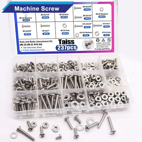 304 Stainless Steel Machine Screws Bolts Nuts And Washers Assortment Kit with 8 sizes and 237 pieces in clear storage box