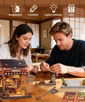 Couple assembling Dope DIY Japanese Izakaya Book Nook Kit For Adults Teens And Beginners, Tiny House Bookshelf Decor