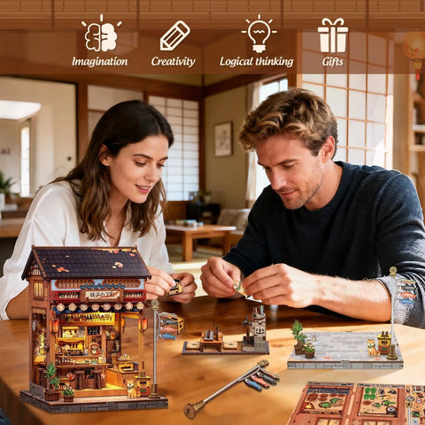 Couple assembling Dope DIY Japanese Izakaya Book Nook Kit For Adults Teens And Beginners, Tiny House Bookshelf Decor