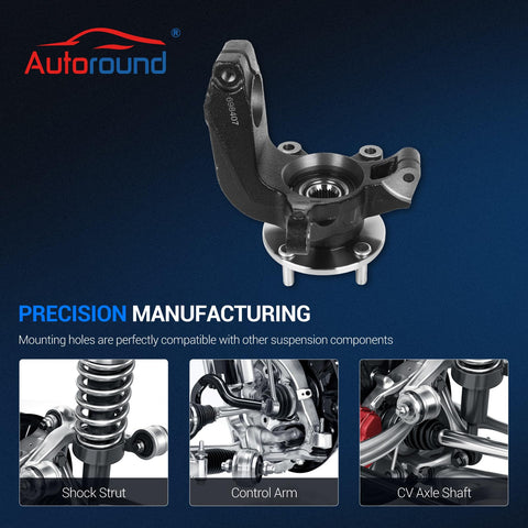 Front Left Steering Knuckle And Wheel Bearing Hub Assembly For Ford Focus 2006 To 2011 Left Driver Side Replacement Includes Hub And Bearing Drop In Fit 698-407 698407 LK003 6S4Z1215B 7S4Z1104A with precision manufacturing details.