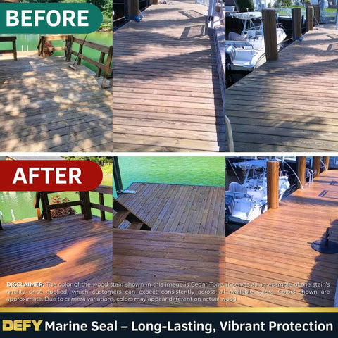 Before and after images of a dock using Top Shelf Heavy Duty Waterproof Wood Stain And Sealer For Marine Docks Boat Piers Marinas And Boardwalks Light Walnut Water Based Exterior Finish 2.5 Gallon.