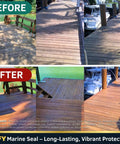 Before and after images of dock wood treatment using Rock Solid Marine Grade Wood Sealant And Stain For Docks And Piers With Zero Mess Clear Formula.
