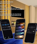 WiFi LED Strip Lights for Wood Slat Wall Panels and Acoustic Panels app control interface on smartphones in modern living room