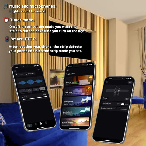 WiFi LED Strip Lights for Wood Slat Wall Panels and Acoustic Panels app control interface on smartphones in modern living room