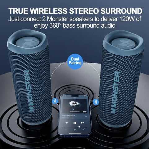 Two Beast 60W Portable Outdoor Bluetooth Speakers with dual pairing, Bluetooth 5.4, IPX8 waterproof, shown with a smartphone.