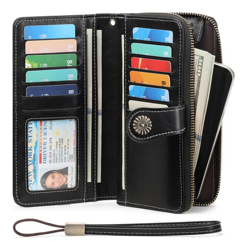Lux Waxed Leather Wallet For Women With RFID Blocking Large Bifold Card Holder And Wristlet Clutch open showing card slots and cash pocket.