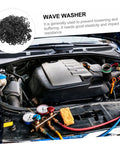500 Piece Wave Washer Gasket Kit With Crinkle Spring Steel, Heavy-Duty Compression Type Washers For Fasteners, Durable Wave Washers For Auto, Plumbing, And DIY Projects, Your Go-To All-Purpose Set. Black wave washers shown with car engine