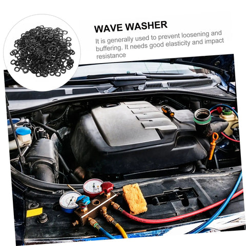 500 Piece Wave Washer Gasket Kit With Crinkle Spring Steel, Heavy-Duty Compression Type Washers For Fasteners, Durable Wave Washers For Auto, Plumbing, And DIY Projects, Your Go-To All-Purpose Set. Black wave washers shown with car engine