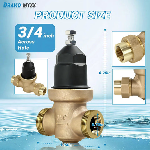 Drako-MYXX brass 3/4-inch pressure reducing valve with double union FNPT connections, front view