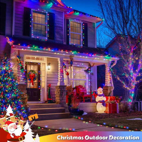 House decorated with 2 pack solar string lights 100 LEDs over 32.8 feet multicolor waterproof outdoor decor for Christmas
