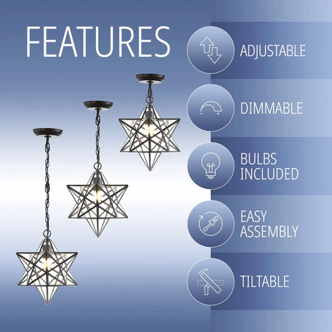 12-Inch Oil Rubbed Bronze Moravian Star LED Pendant Light With Clear Glass, adjustable chain, dimmable, bulbs included