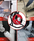 Beast Mode Auto Feed Drain Cleaner Machine With Durable Steel Sewer Snake Auger Featuring High Torque Motor For Gnarly Sink Clogs and Snappy Pipe Clearing Routine in action clearing different drain types.