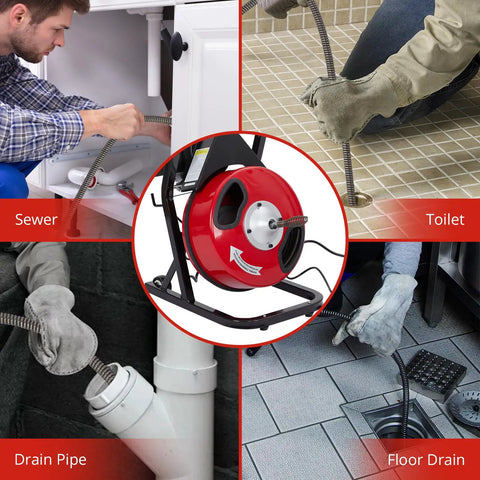 Beast Mode Auto Feed Drain Cleaner Machine With Durable Steel Sewer Snake Auger Featuring High Torque Motor For Gnarly Sink Clogs and Snappy Pipe Clearing Routine in action clearing different drain types.