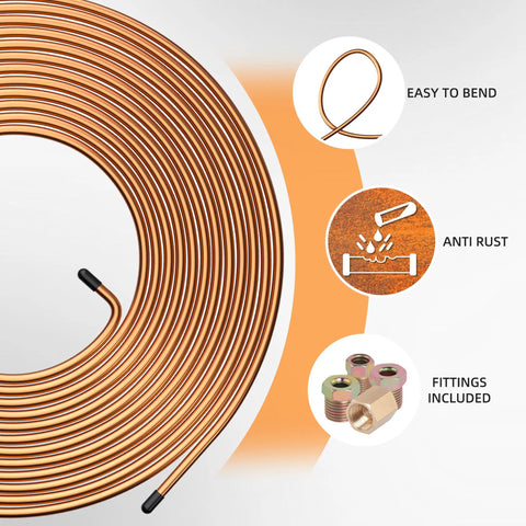 Premium Brake Line Tubing Kit 25 Ft 3/16 and 1/4 Inch With 60 Fittings Inverted Nuts and Unions For Auto Repair DIY Car Brake Line Set