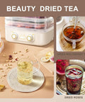 Big League Food Dehydrator Machine With Six Stackable Trays For Candy Snacks Beef Jerky Herbs Digital Timer Temperature Control, showing dried teas.