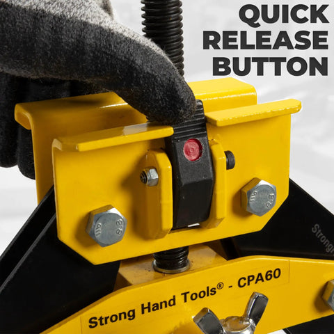 Quick release button on Pipe Alignment Clamp 2 To 6 Inch Capacity With Quick Acting Lever, Wide Grip Plates, Stainless Steel Contact Screws, Built Tough Workhorse For Fast Accurate Pipe Alignment CPA60.
