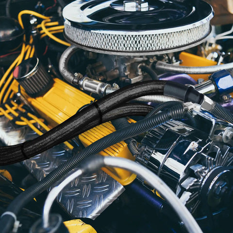 Beefed Up 6AN 70 Inch Transmission Cooler Lines Black Nylon Braided Hose Replacement installed in engine bay