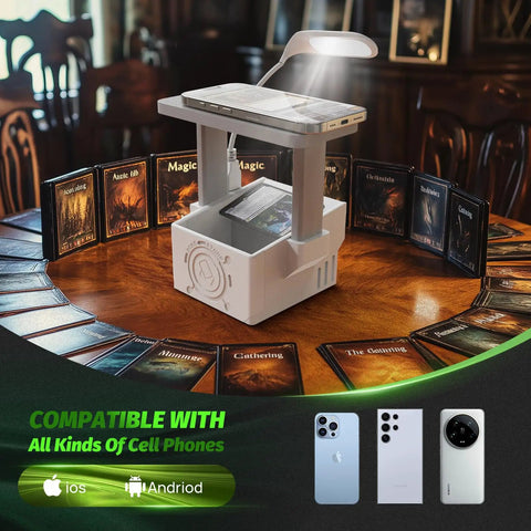 Trading Card Scanner Stand With LED Light And Magnetic Base For MTG And TCG, Fast Slotted Scan For Unsleeved Cards, shown with cards