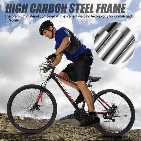 Person riding Trail Ready 27.5 Inch Mountain Bike For Men And Women, 21 Speed Shifting, Dual Disc Brakes, Suspension Fork, High Carbon Steel Frame, All Terrain MTB For Gravel Dirt And Rocks, Black on rocky trail.