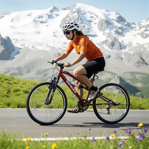 Cyclist riding a 26 Inch Mountain Bike With Dual Suspension For Men Women And Adults on a scenic mountain road, snow-capped peaks in background