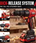 All-In-One Workhorse 20V Max Brushless Cordless Power Tool showing quick-release attachment swap system for drill.