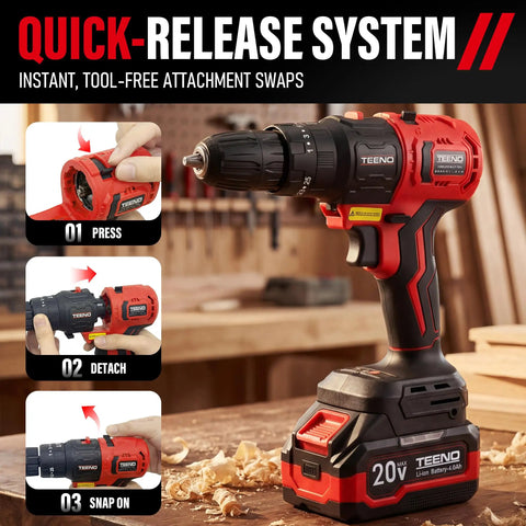 All-In-One Workhorse 20V Max Brushless Cordless Power Tool showing quick-release attachment swap system for drill.